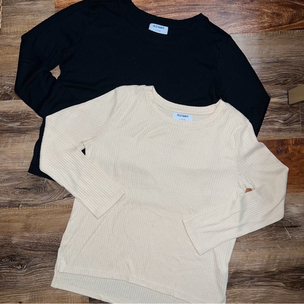 Old Navy Girls Hi-Lo Hem Long Sleeve Tops - Black/Ecru, Size XL (14-16)